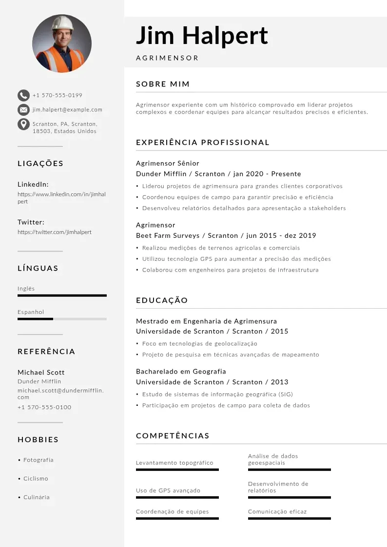 Modelo de currículo moderno de Agrimensor