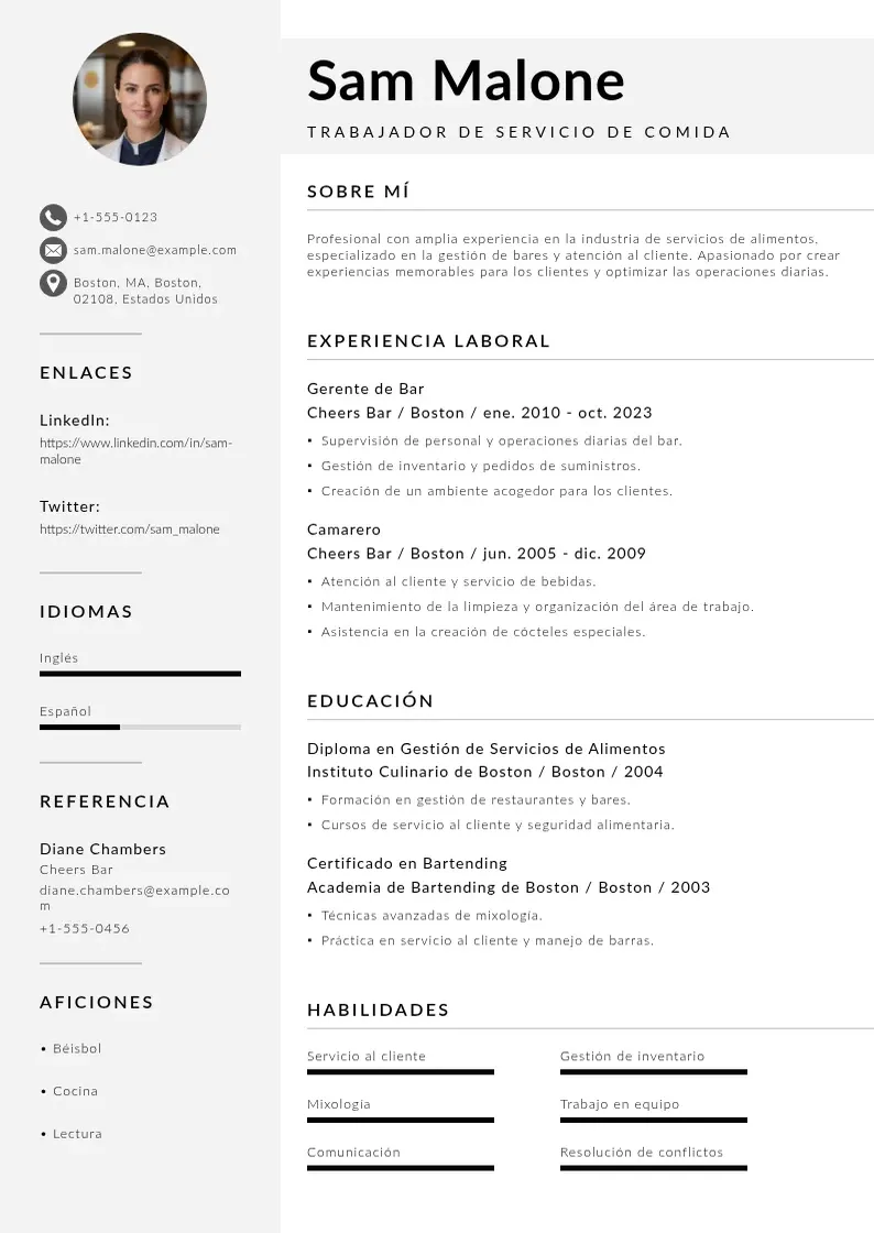 two column cv-trabajador-de-servicio-de-comida resume example