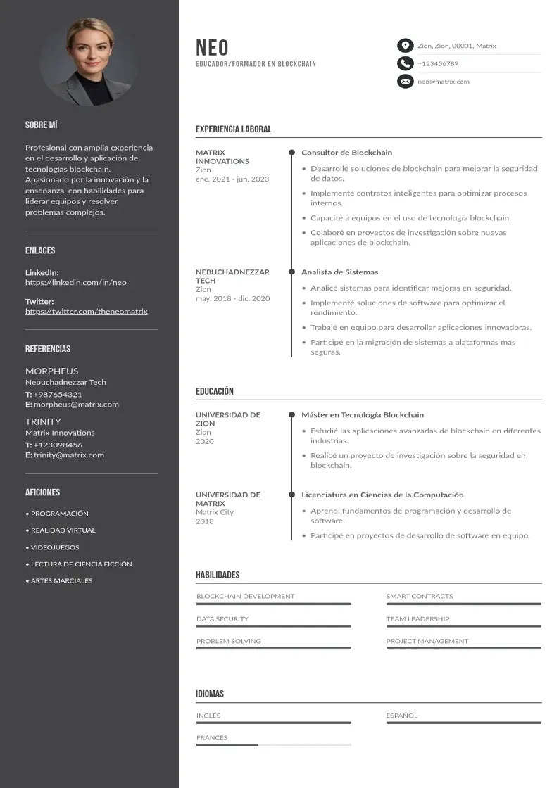 two column educadorformador-en-blockchain resume example