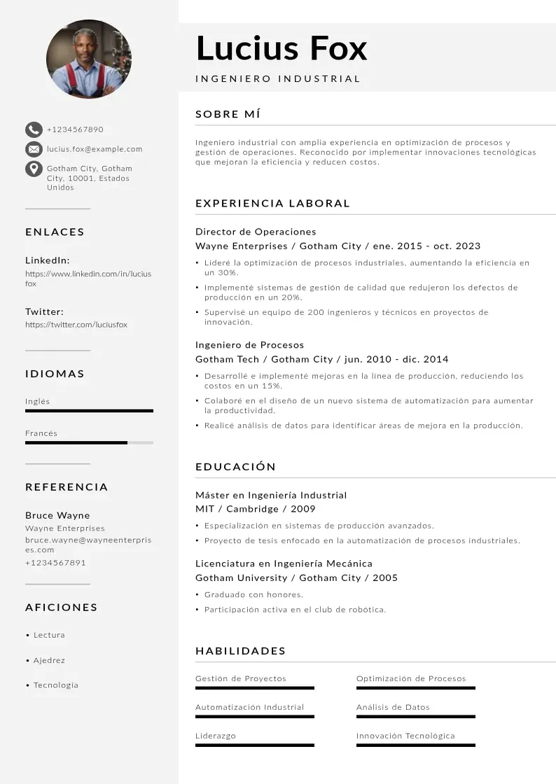 two column cv-ingeniero-industrial resume example