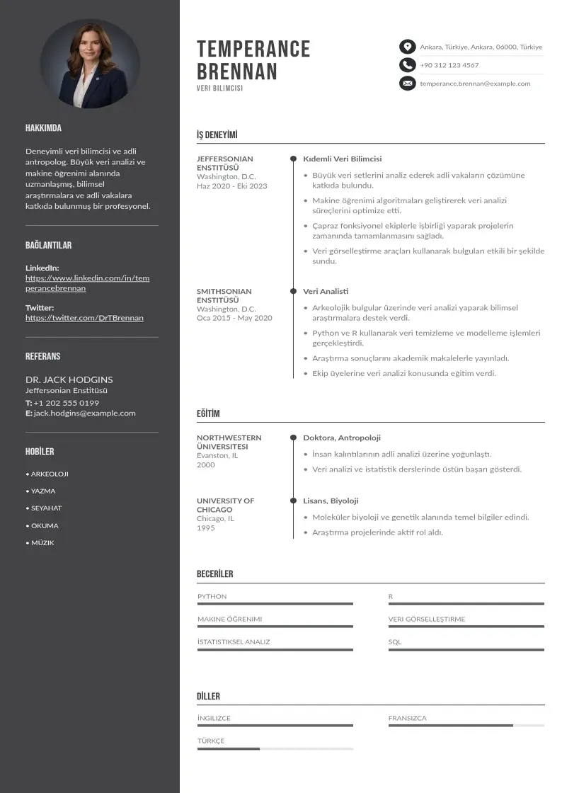 Divu kolonnu Veri Bilimcisi  CV piemērs