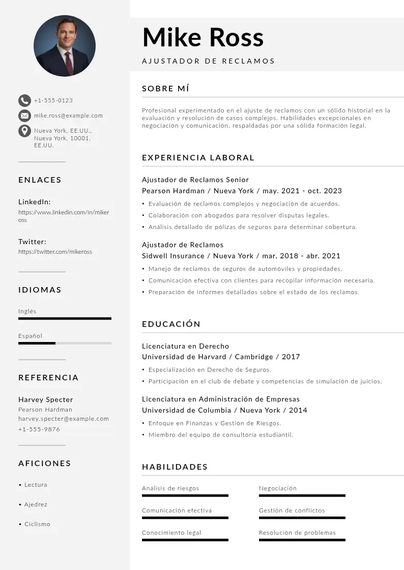 two column cv-ajustador-de-reclamos resume example