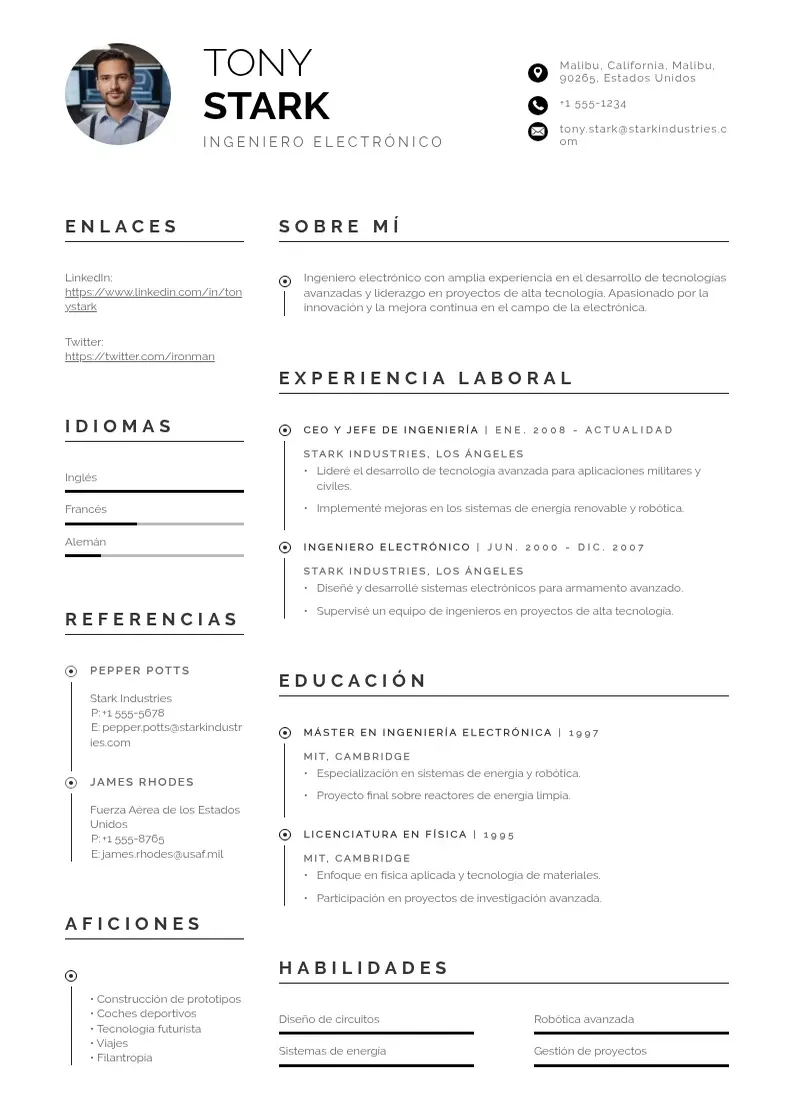 two column tecnico-electronico resume example