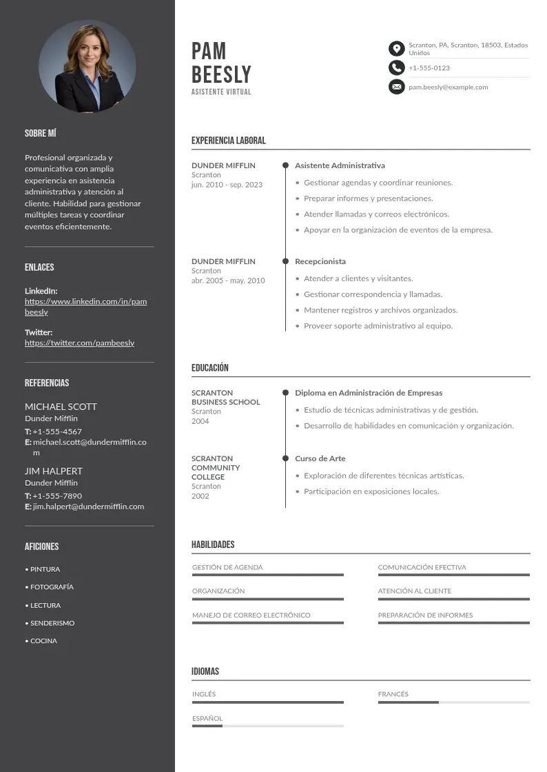 two column asistente-virtual resume example