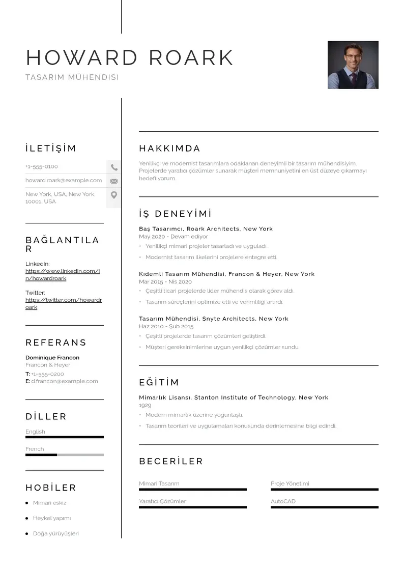 Vienkārša Tasarım mühendisi  CV piemērs