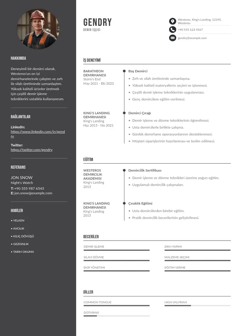 Divu kolonnu demir işçisi  CV piemērs