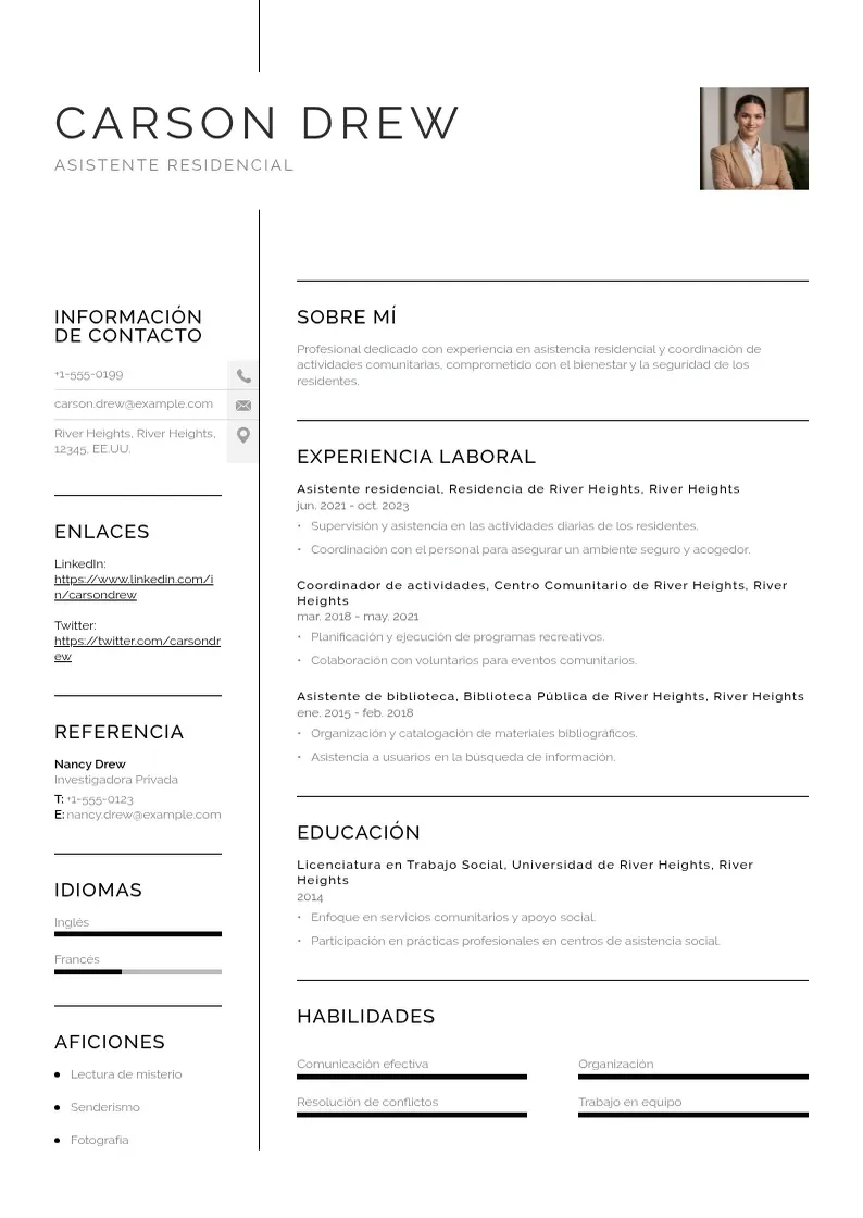 two column cv-asistente-residencial resume example