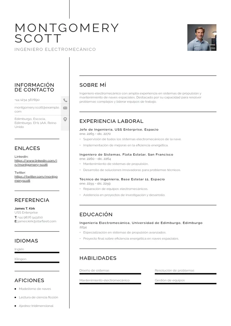 two column ingeniero-electromecanico resume example