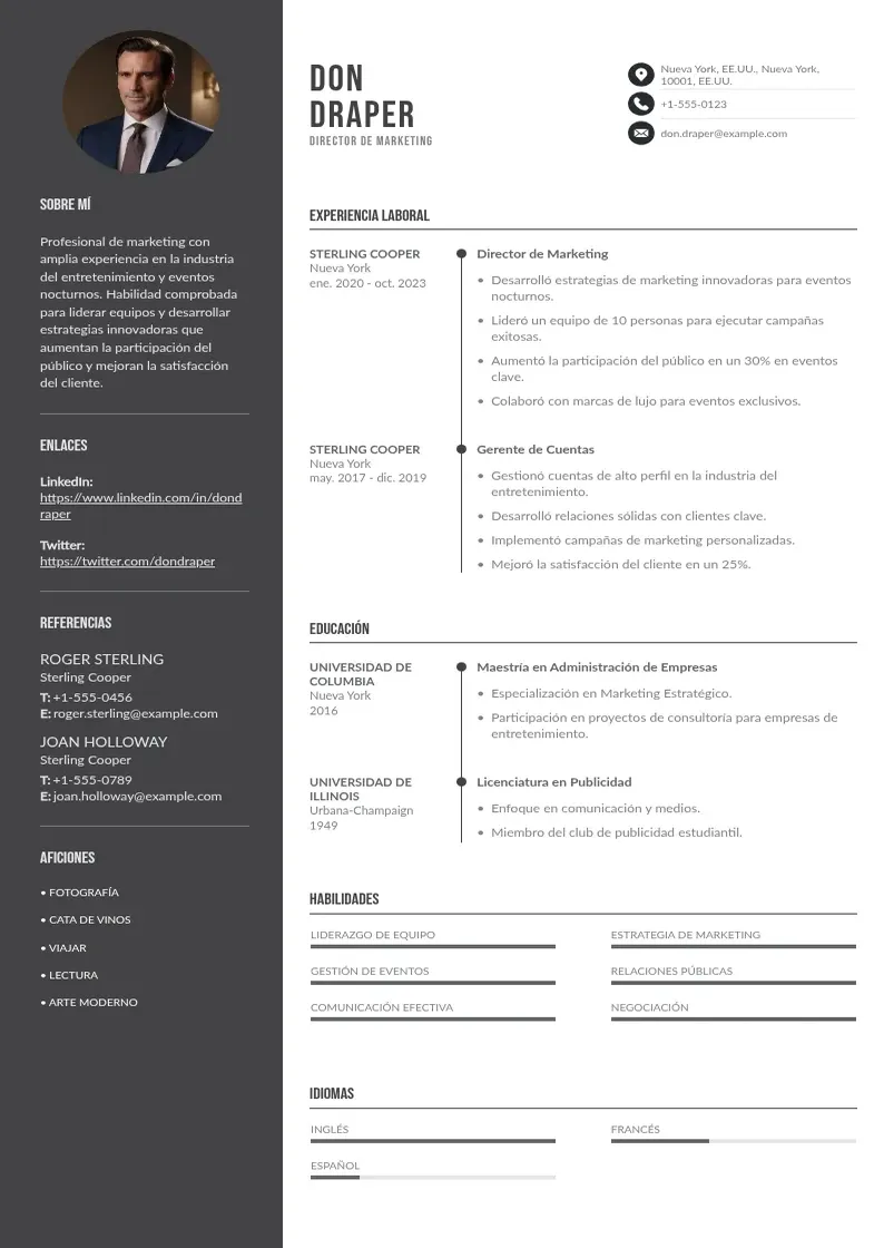 two column directora-de-marketing-para-eventos-nocturnos resume example