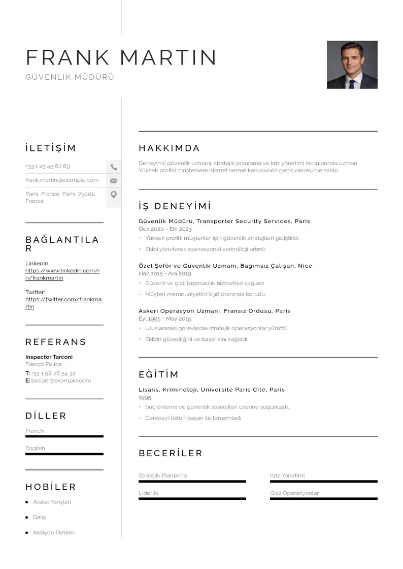 Vienkārša Güvenlik Müdürü  CV piemērs