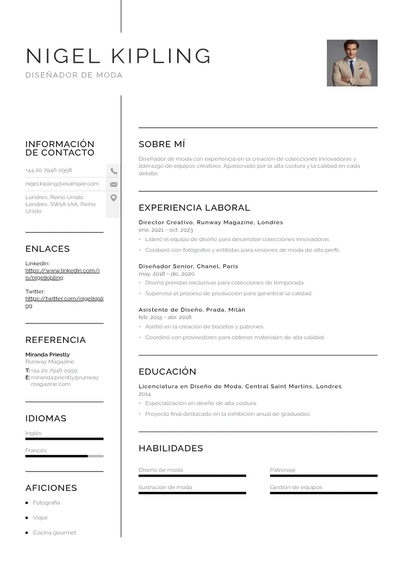 two column cv-disenador-de-moda resume example