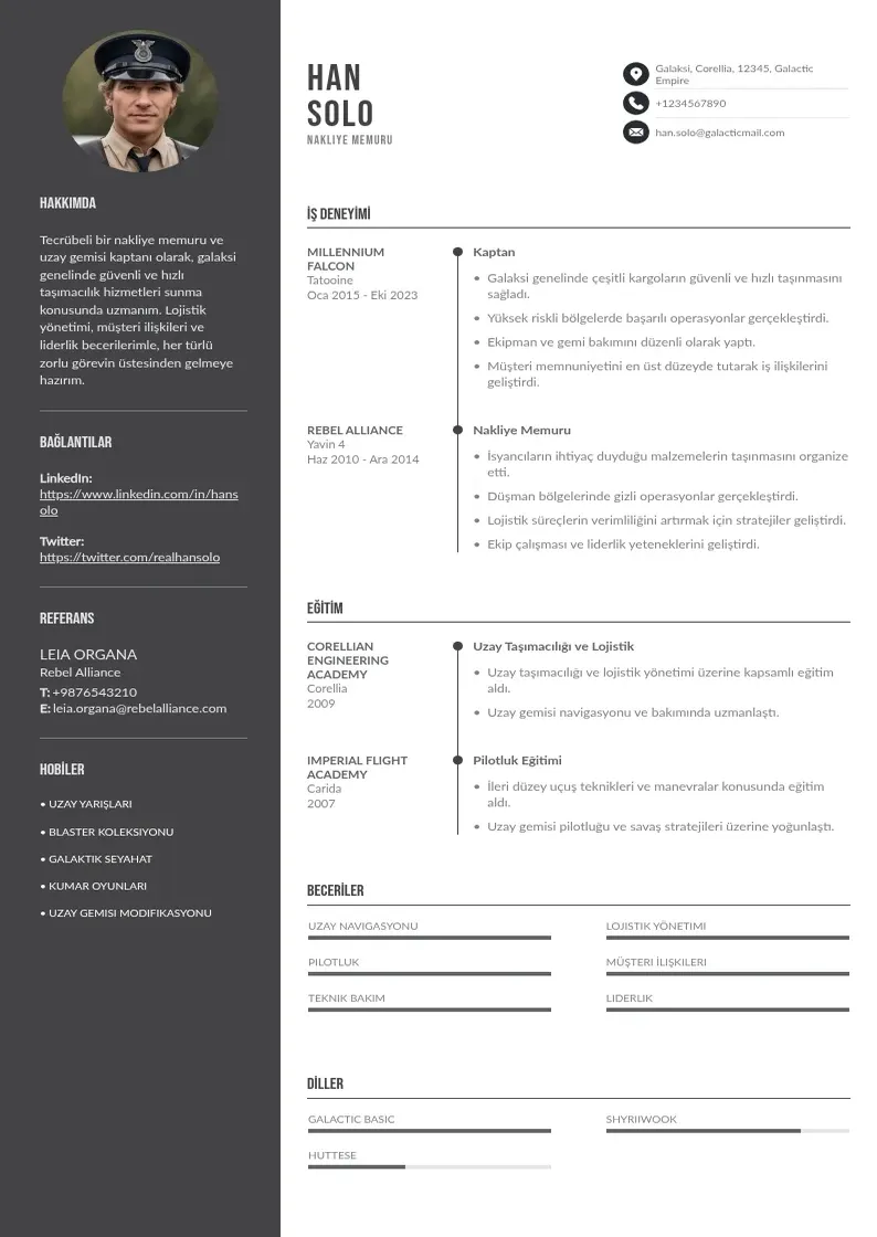 Divu kolonnu Nakliye memuru  CV piemērs