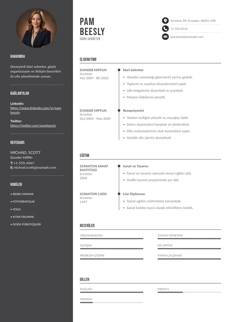 Divu kolonnu İdari sekreter  CV piemērs