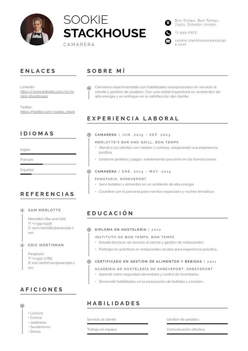 two column curriculum-de-camarero resume example