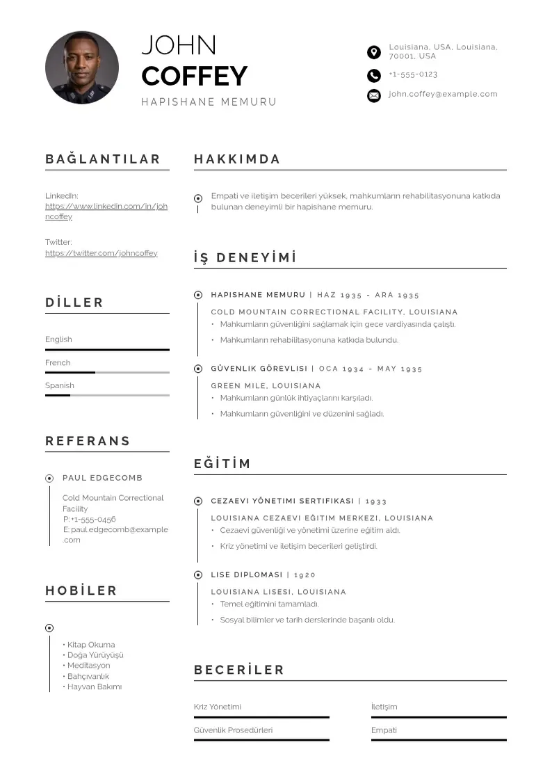 Profesionāla Hapishane memuru  CV veidne