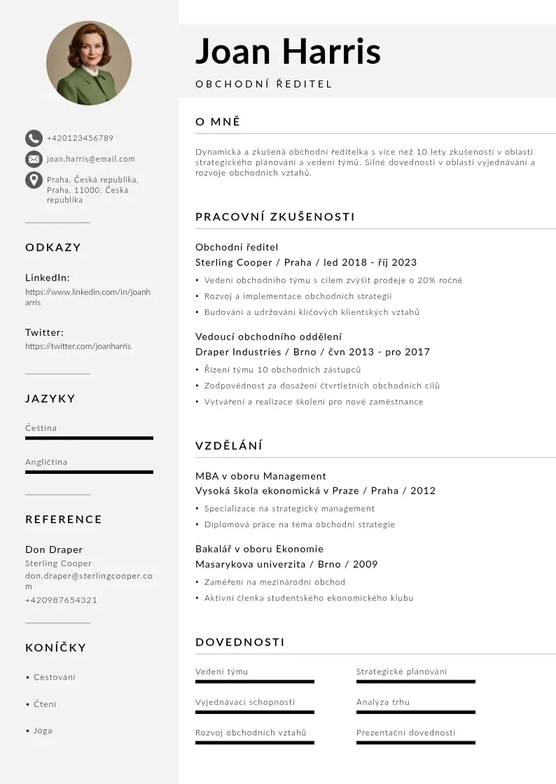 Mūsdienīga Obchodni reditel zivotopis CV veidne