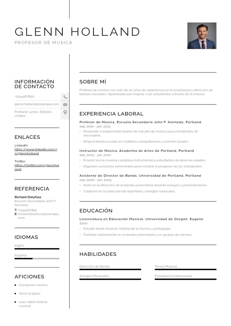 two column profesor-de-musica resume example