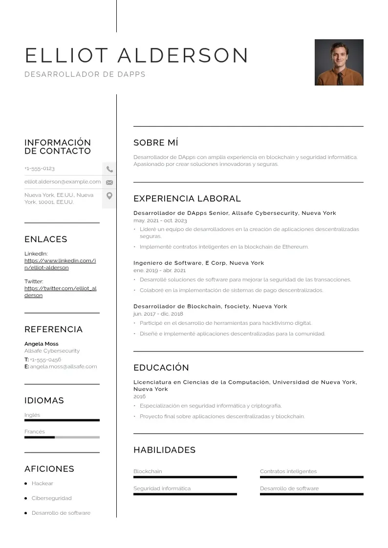 two column desarrollador-de-dapps-aplicaciones-descentralizadas resume example