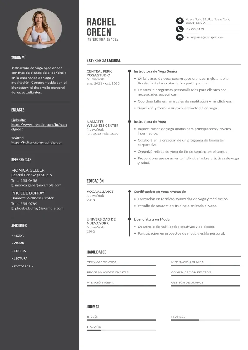 two column instructora-de-yoga resume example