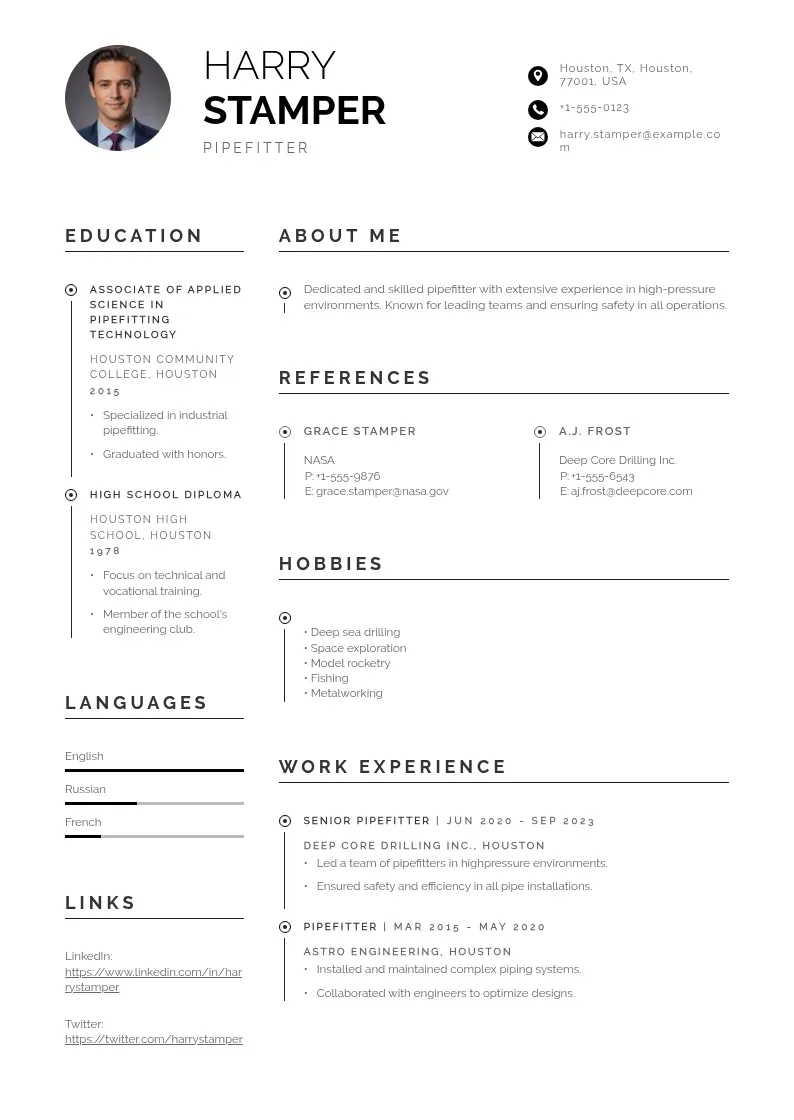 professional Pipefitter resume resume template