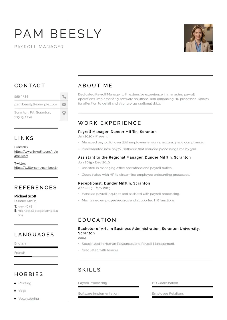 simple Payroll manager resume resume example