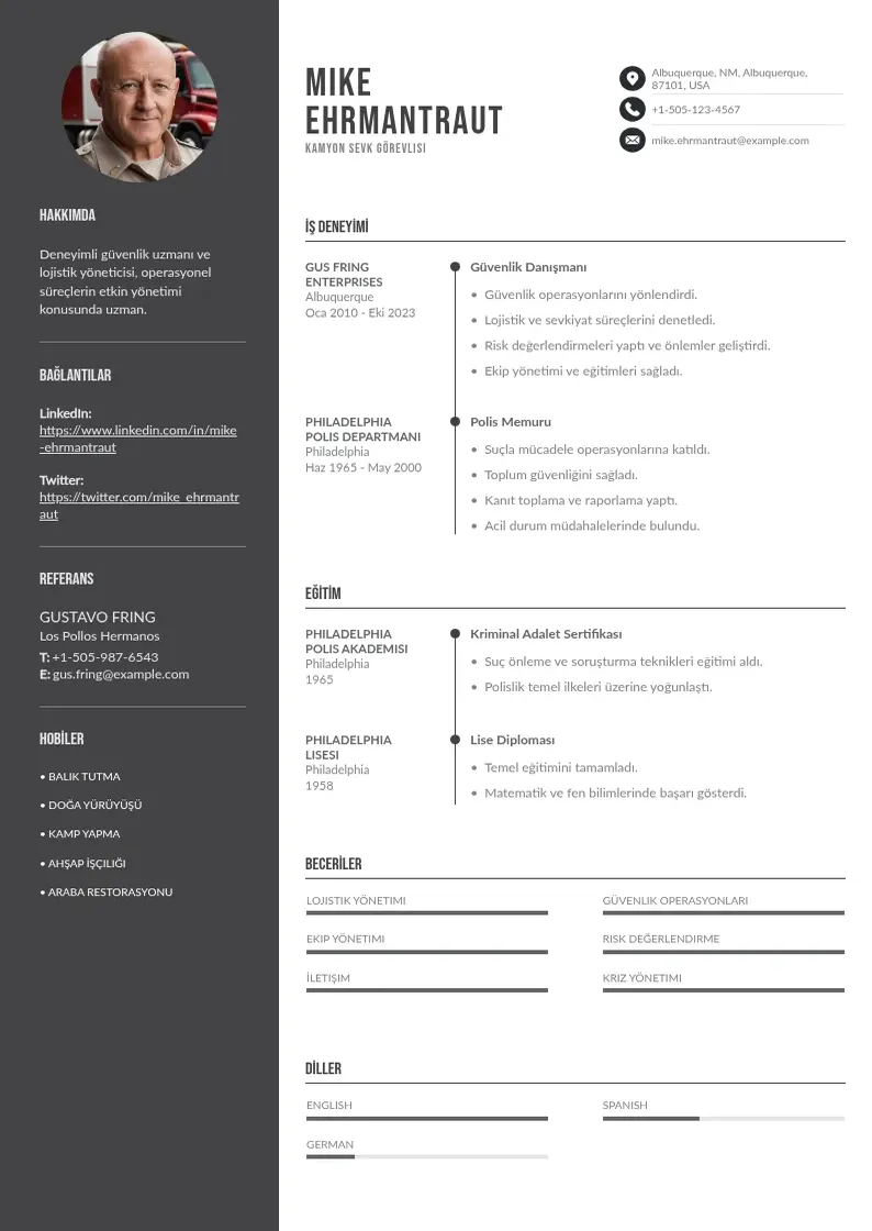 Divu kolonnu Kamyon Sevk Görevlisi  CV piemērs