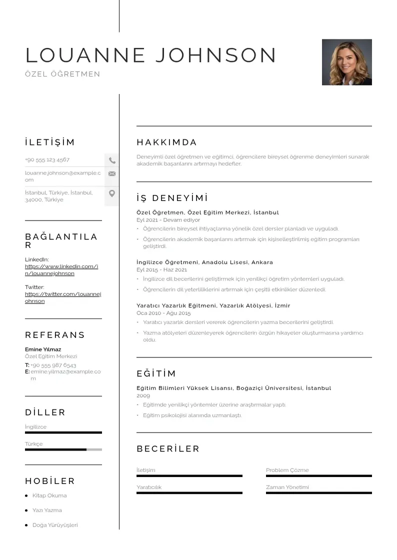 Vienkārša Özel öğretmen  CV piemērs
