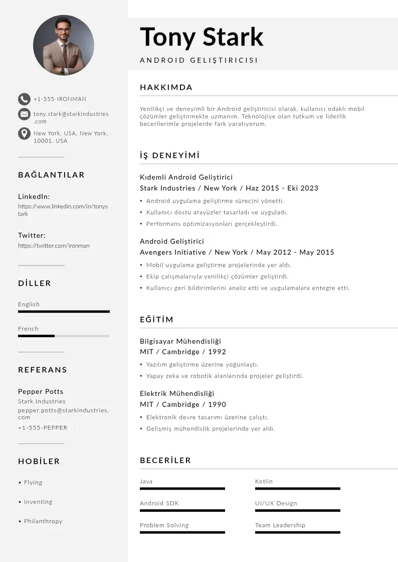 Mūsdienīga Android geliştiricisi  CV veidne
