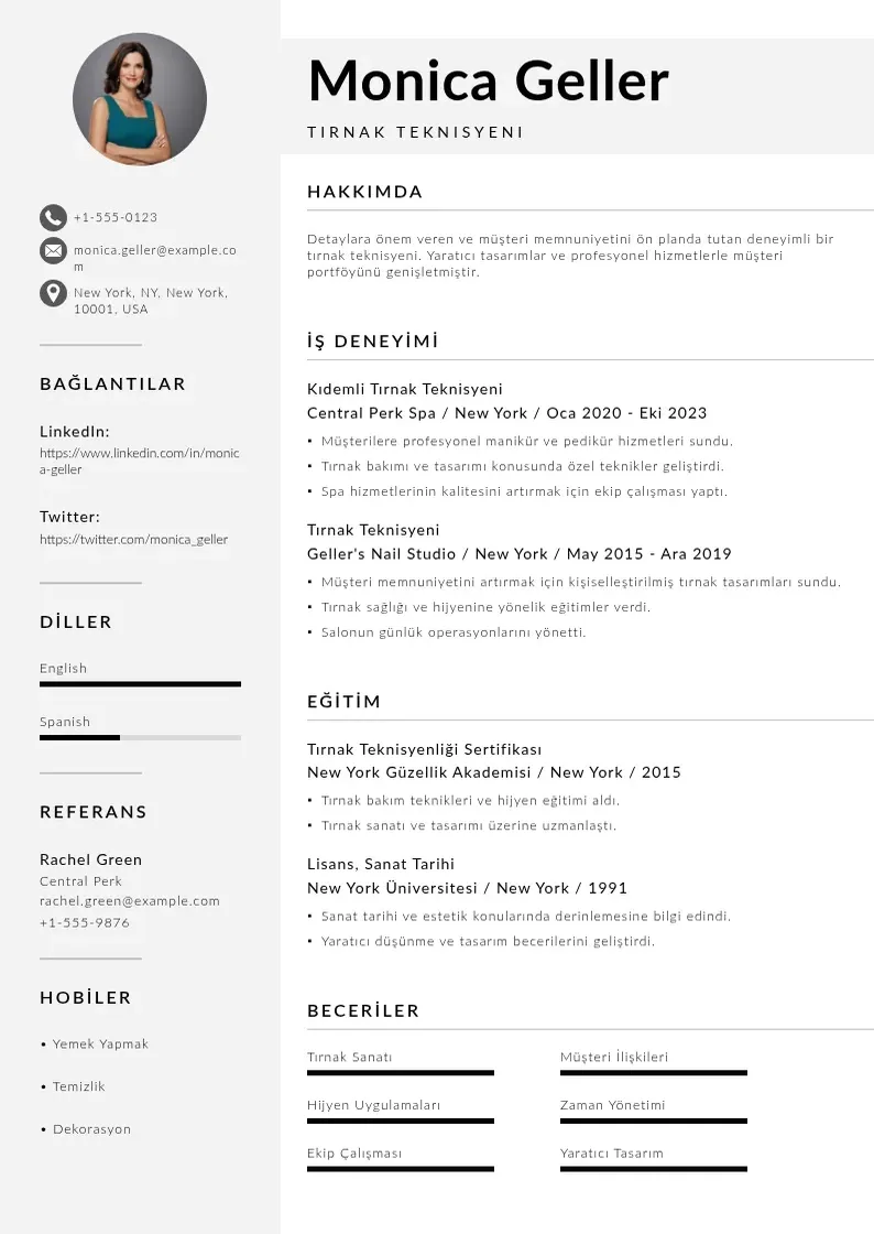 Mūsdienīga Tırnak teknisyeni  CV veidne