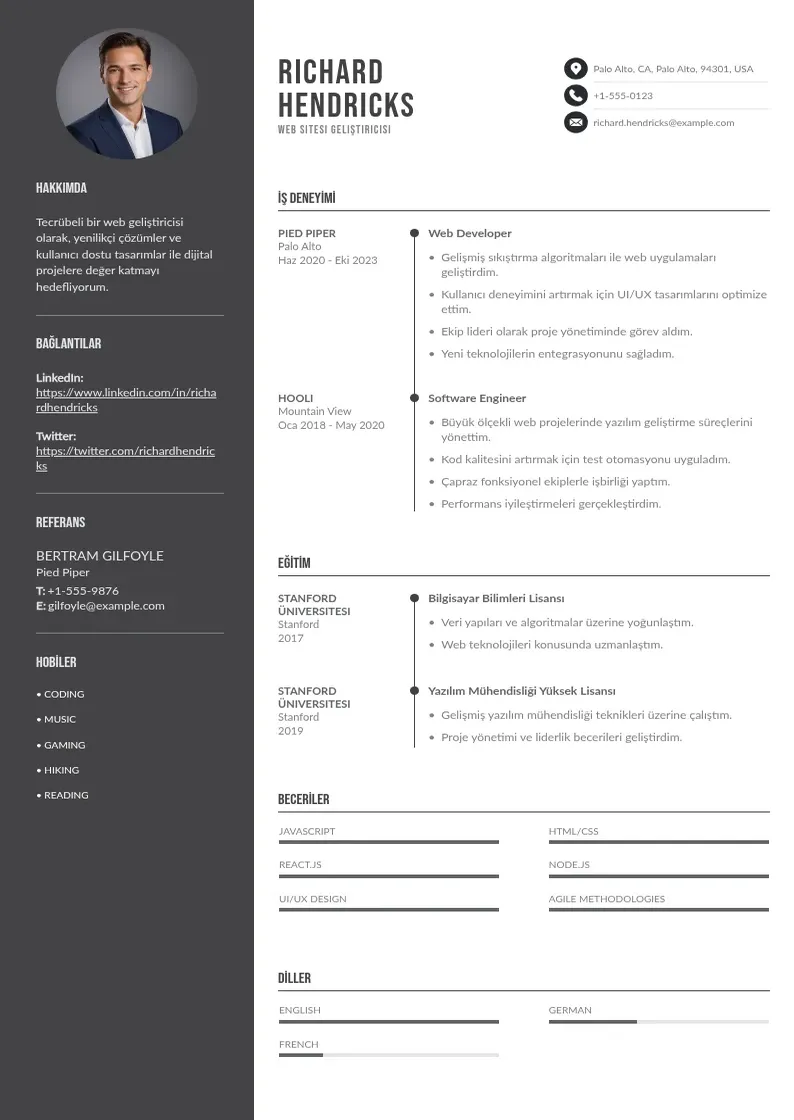 Divu kolonnu Web sitesi geliştiricisi  CV piemērs