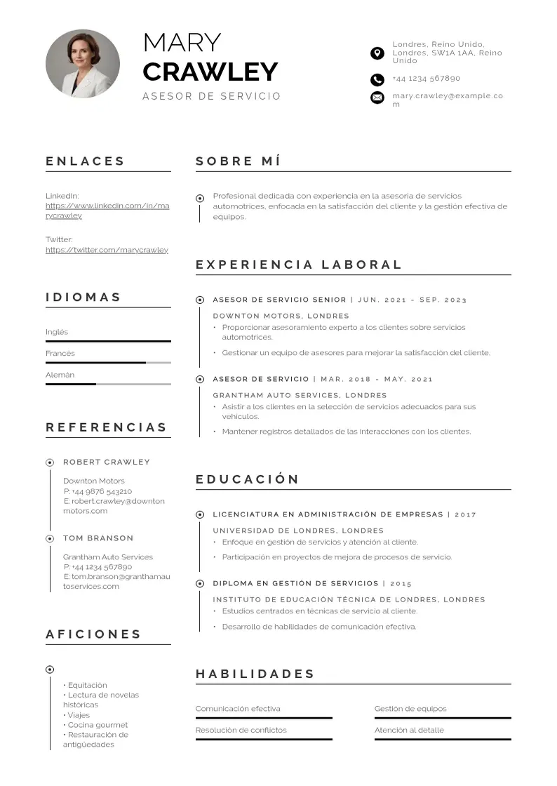 two column cv-asesor-de-servicio resume example