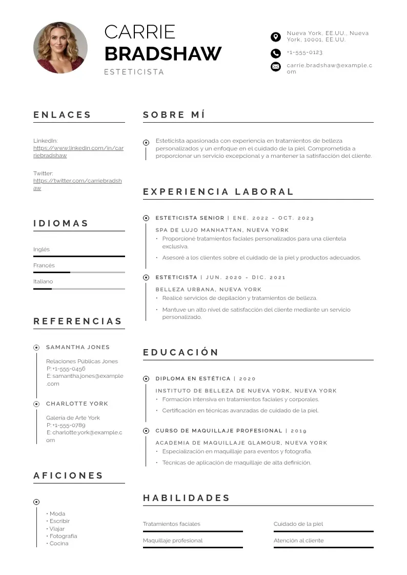 two column cv-de-esteticista resume example