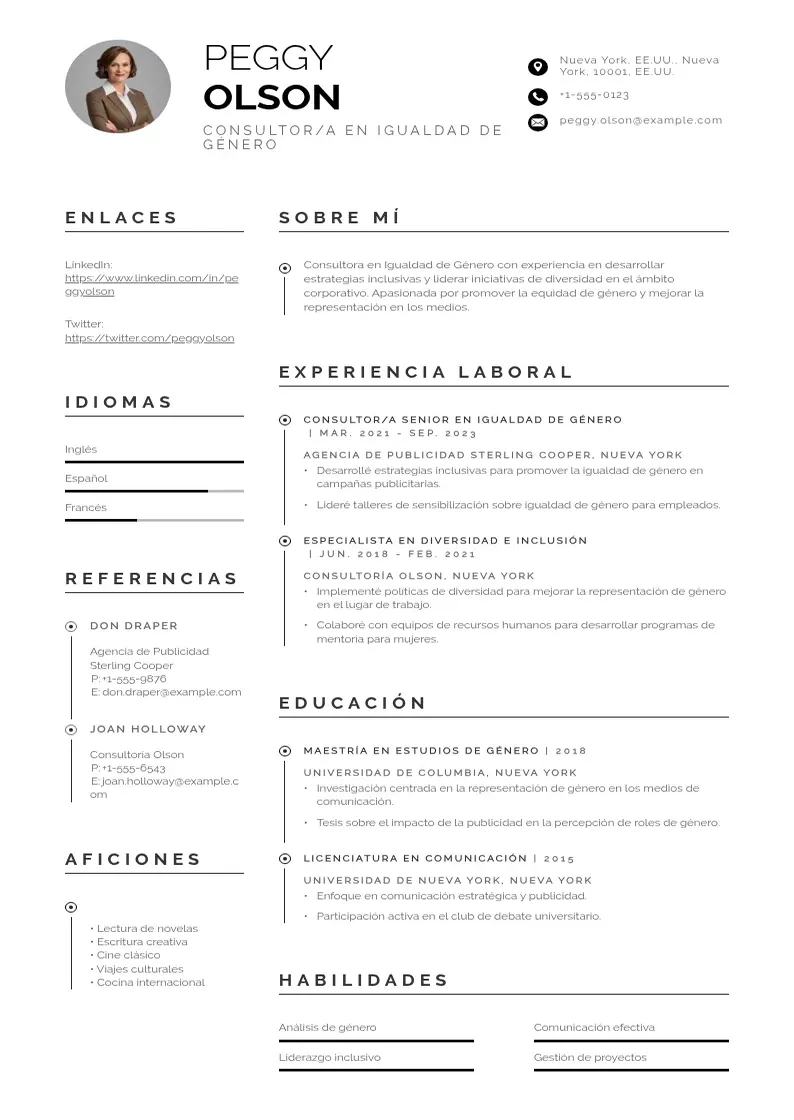 two column consultora-en-igualdad-de-genero resume example