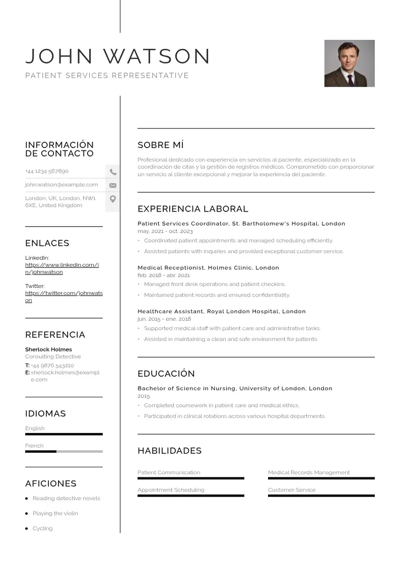 two column representante-de-servicios-al-paciente resume example