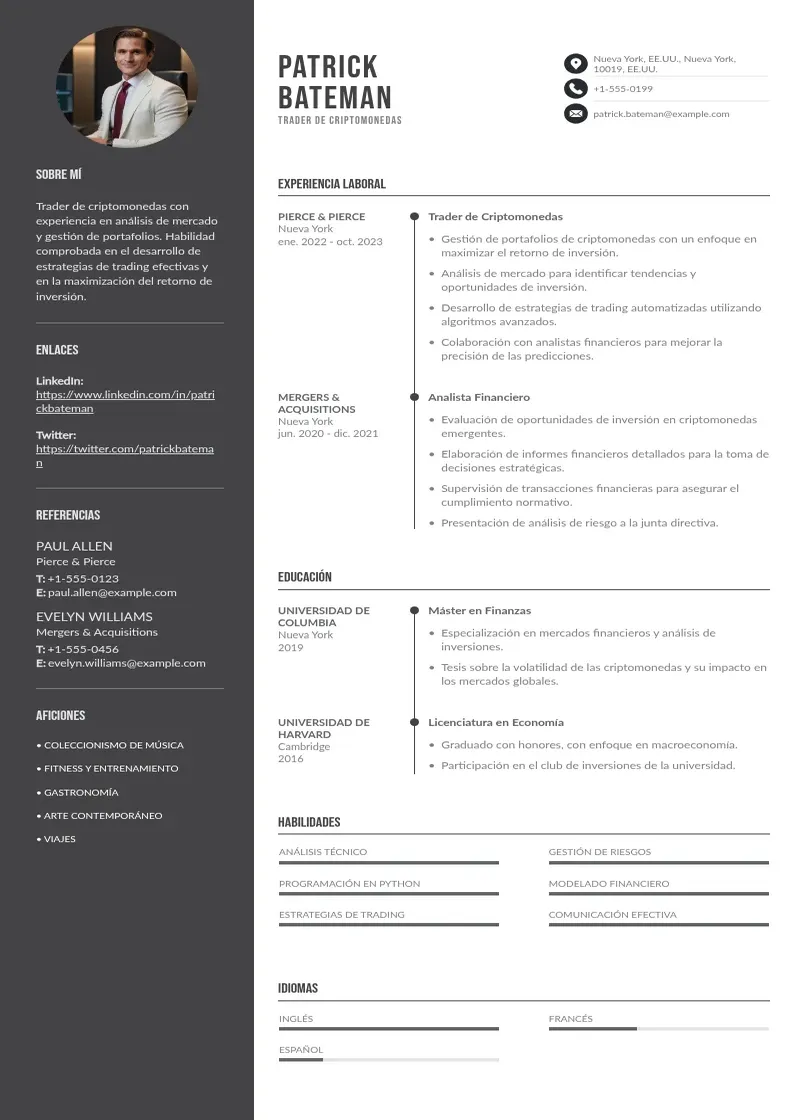 two column trader-de-criptomonedas resume example