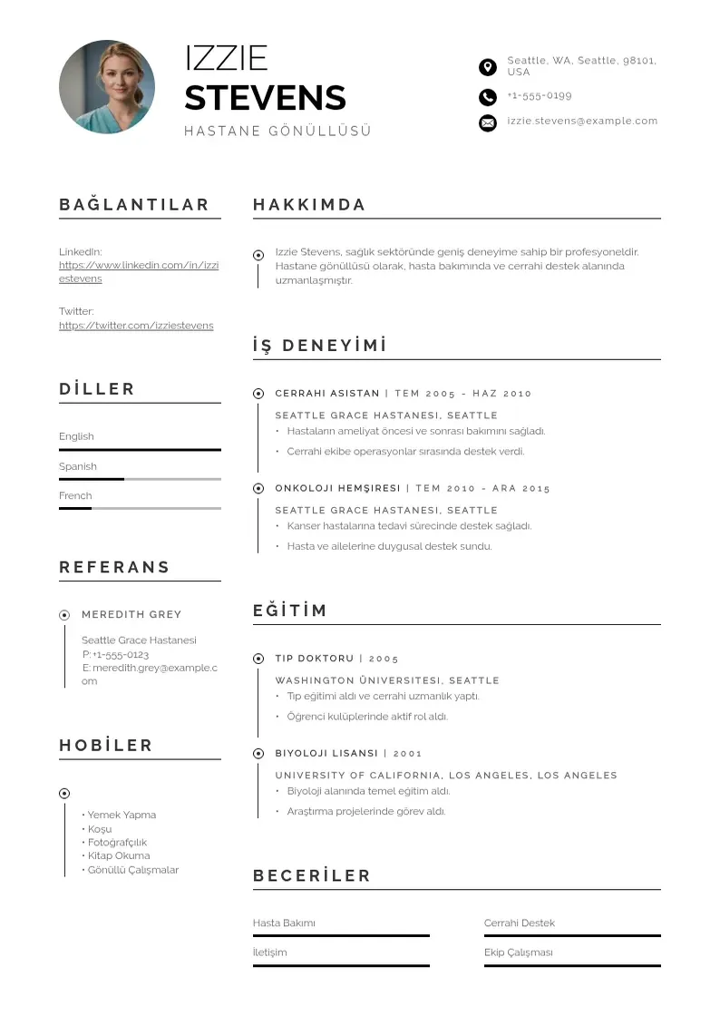 Profesionāla Hastane Gönüllüsü  CV veidne