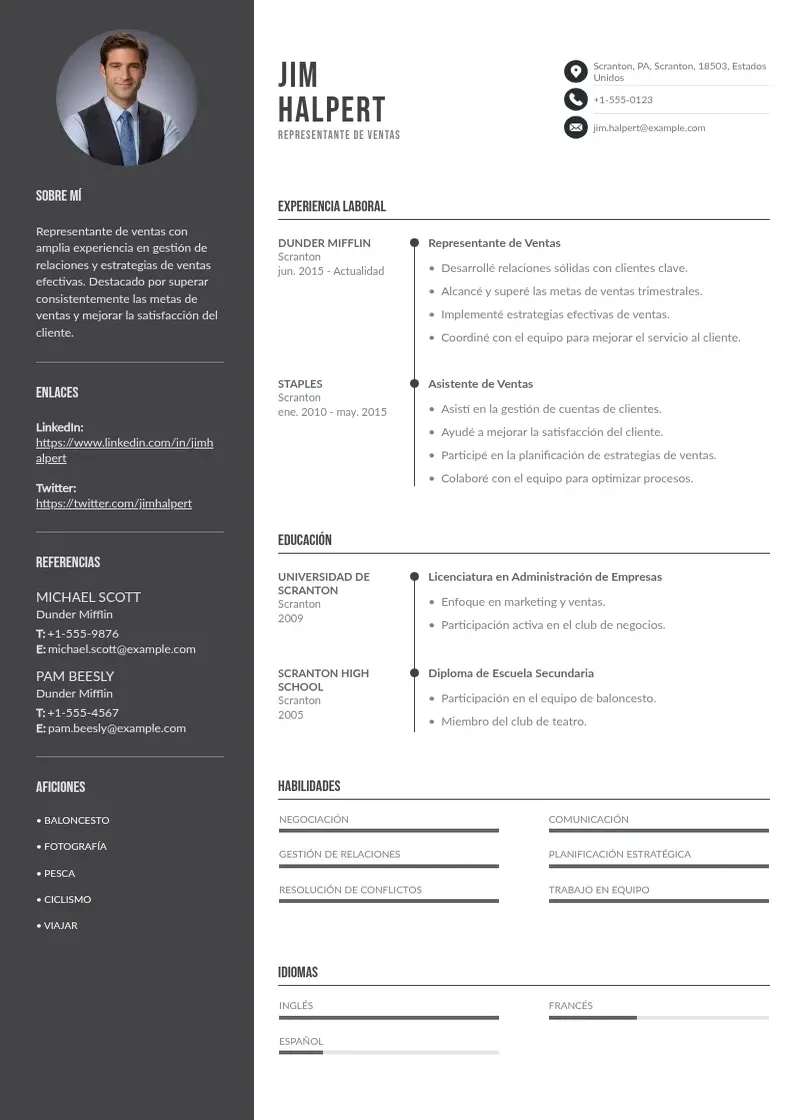 two column cv-representante-de-ventas resume example