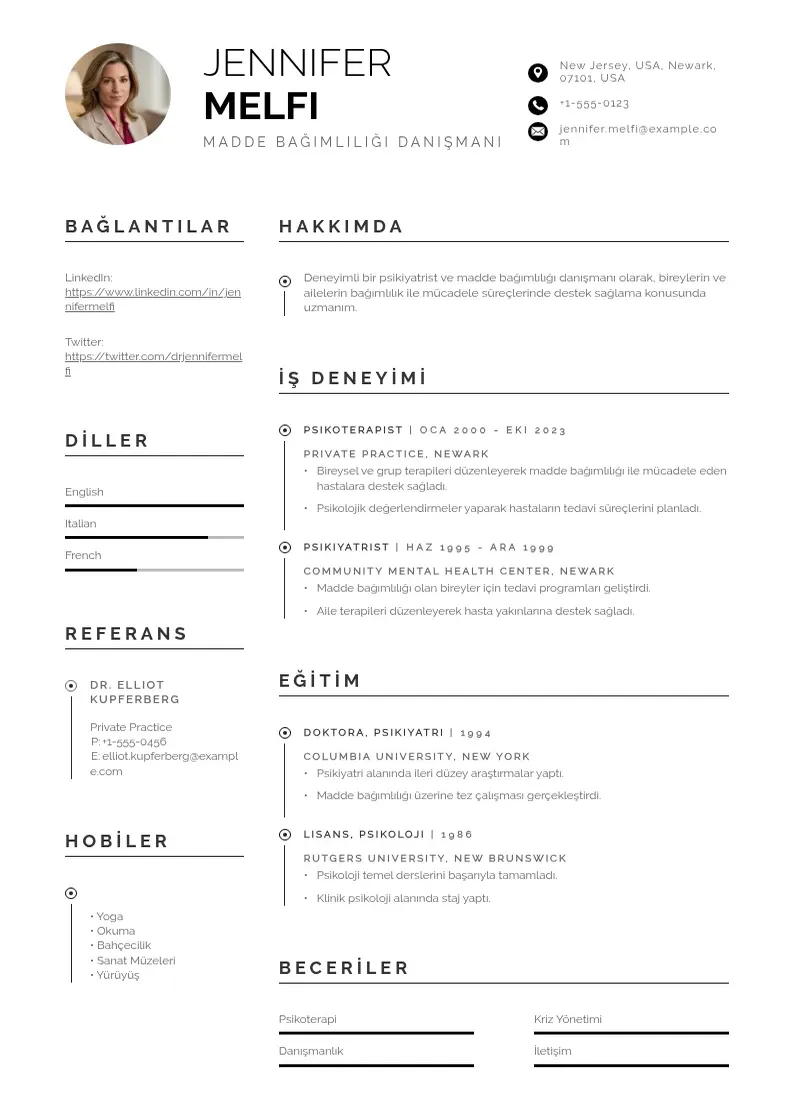 Profesionāla Madde Bağımlılığı Danışmanı  CV veidne