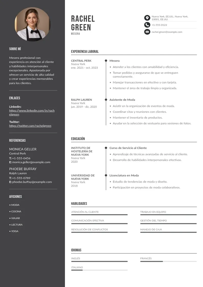 two column cv-mesero resume example