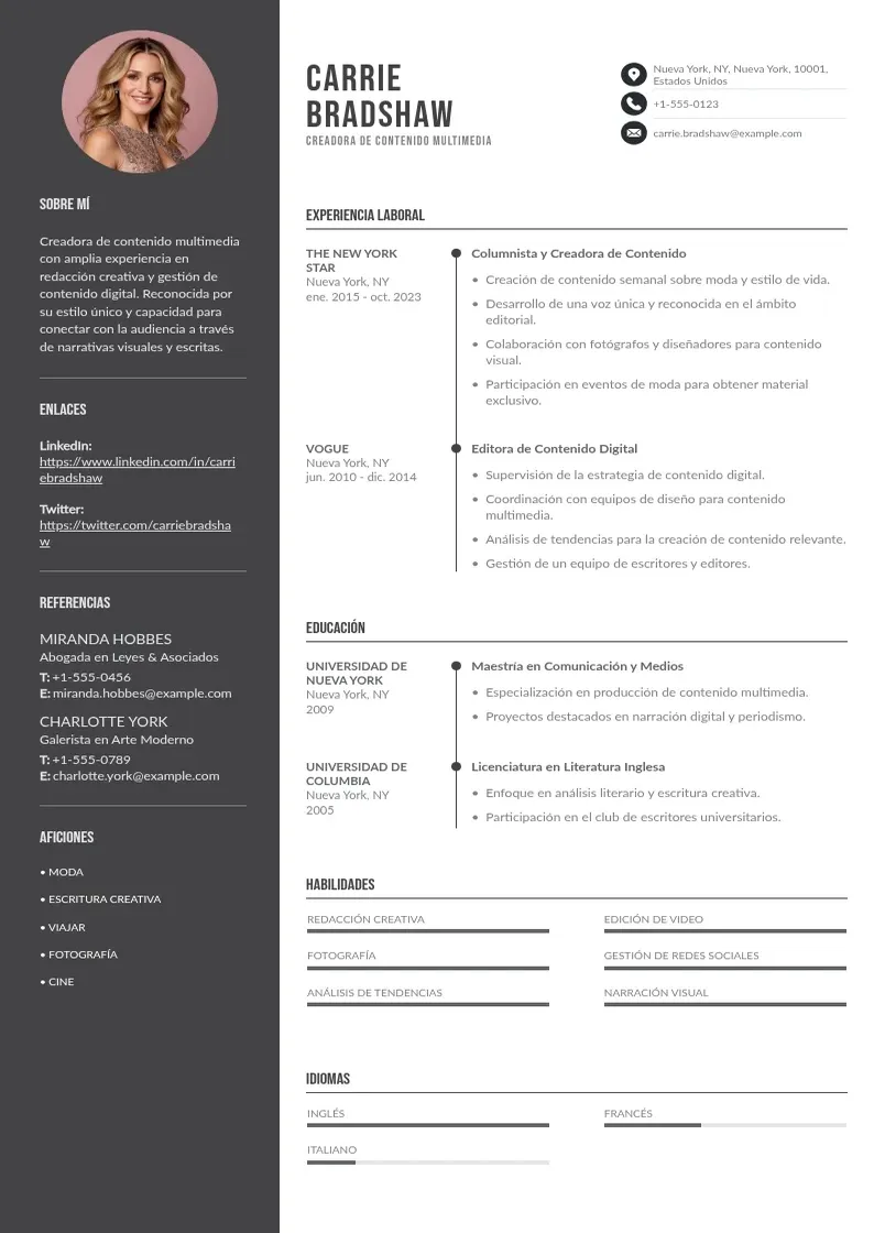 two column creadora-de-contenido-multimedia resume example