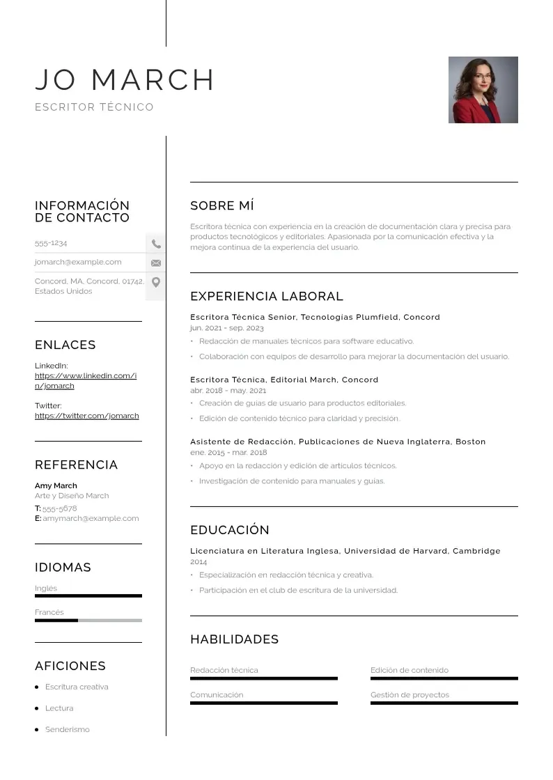 two column cv-escritor-tecnico resume example