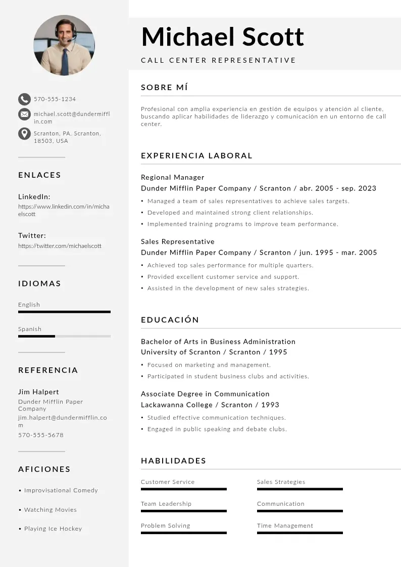 two column curriculum-para-trabajar-en-un-call-center resume example