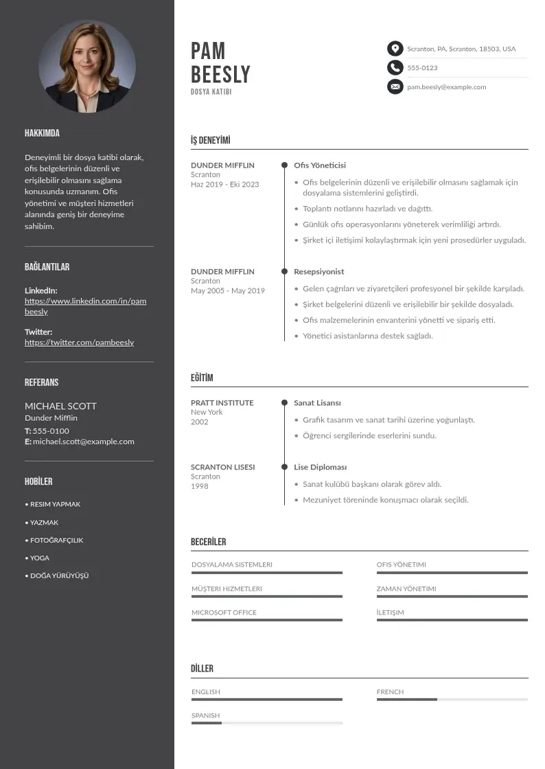 Divu kolonnu Dosya Katibi  CV piemērs