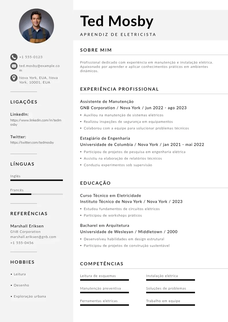 Modelo de currículo moderno de De aprendiz de eletricista