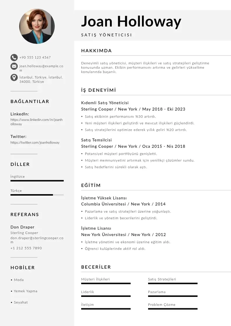 Mūsdienīga Satış Yöneticisi  CV veidne