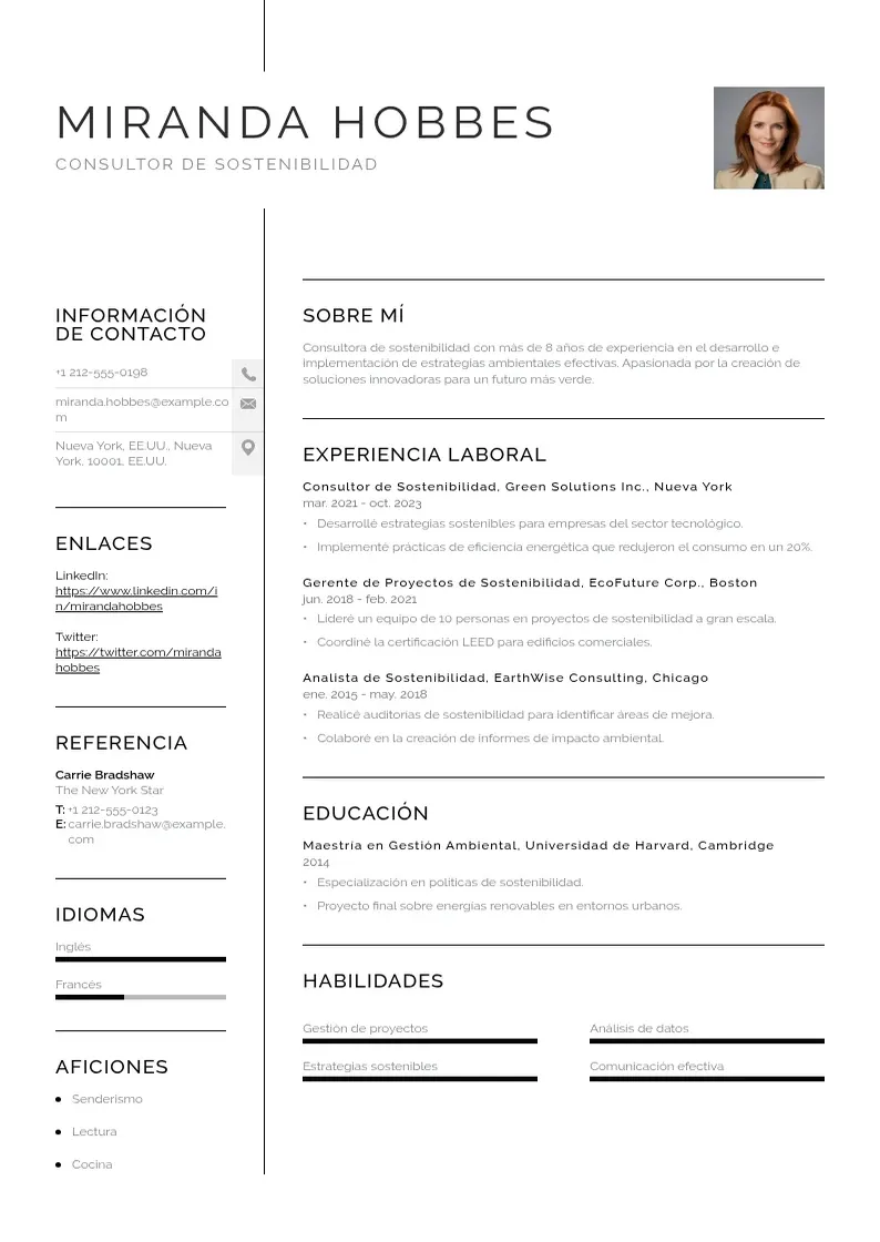 two column consultor-de-sostenibilidad resume example