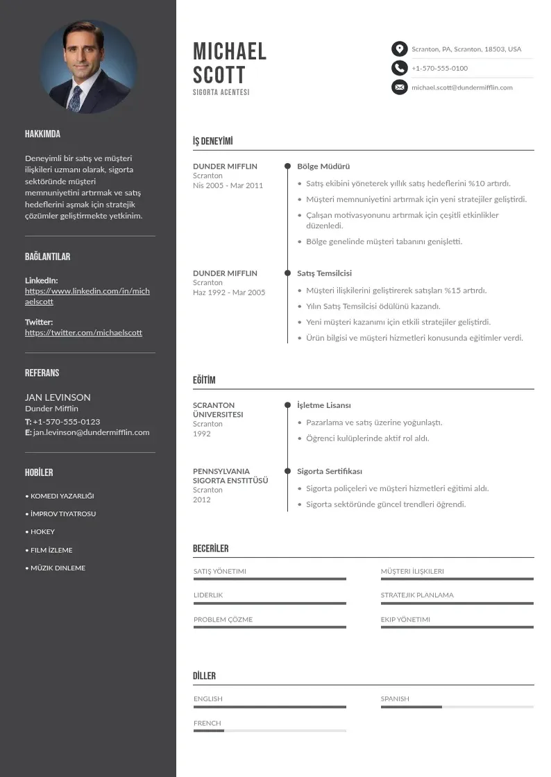 Divu kolonnu Sigorta acentesi si CV piemērs