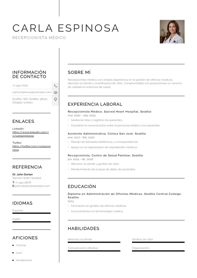 two column cv-recepcionista-medico resume example