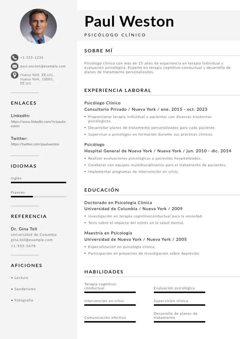 two column curriculum-de-psicologo resume example