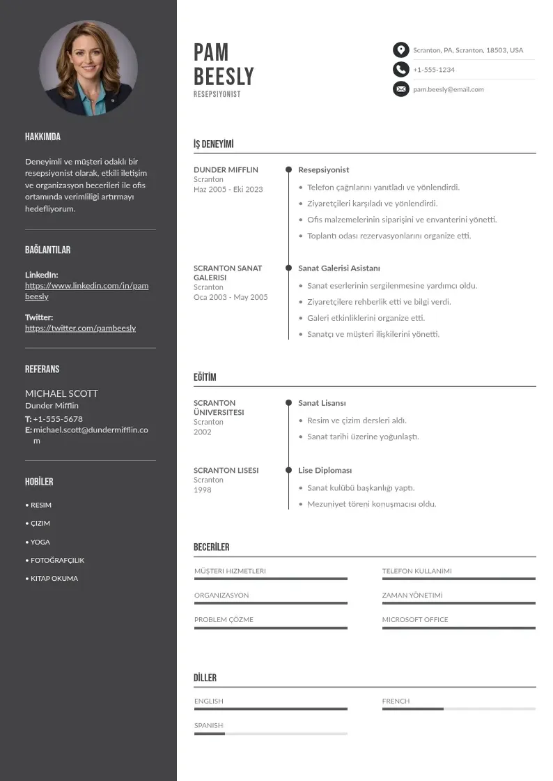 Divu kolonnu Resepsiyonist CV piemērs